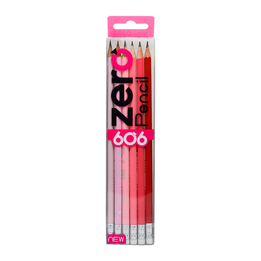 Zero - Wooden HB Pencil Hex with Eraser 6 pcs Box 6 colors